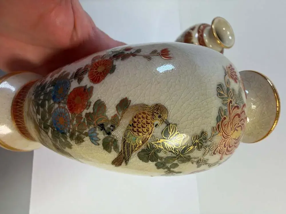 Vintage Japanese Satsuma Style Crackle Glaze Floral Bird Vases Set of 2
